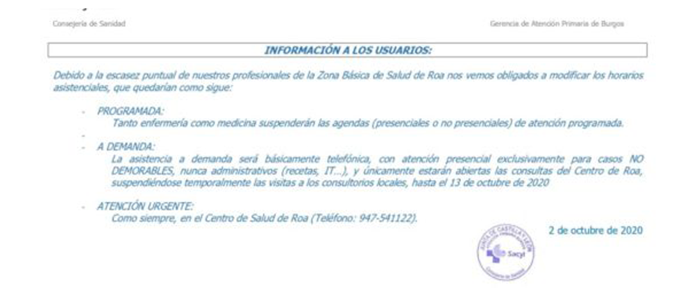 El PSOE de Aranda y de la Ribera del Duero exige cubrir las vacantes m&eacute;dicas del centro de salud de Roa y atenci&oacute;n presencial en todos los consultorios